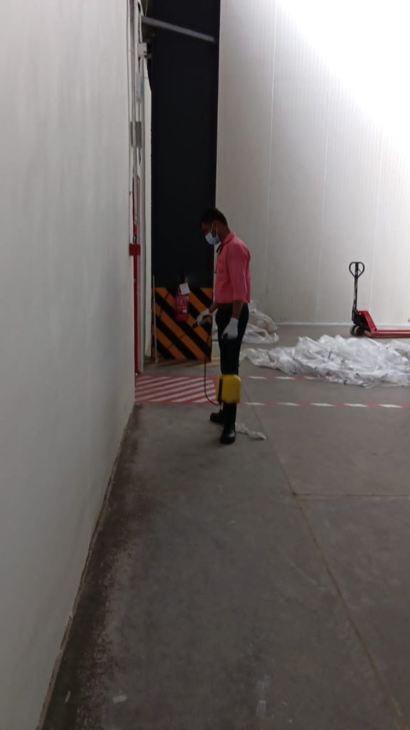 Star Link Pest Control technician applying treatment in a commercial corridor